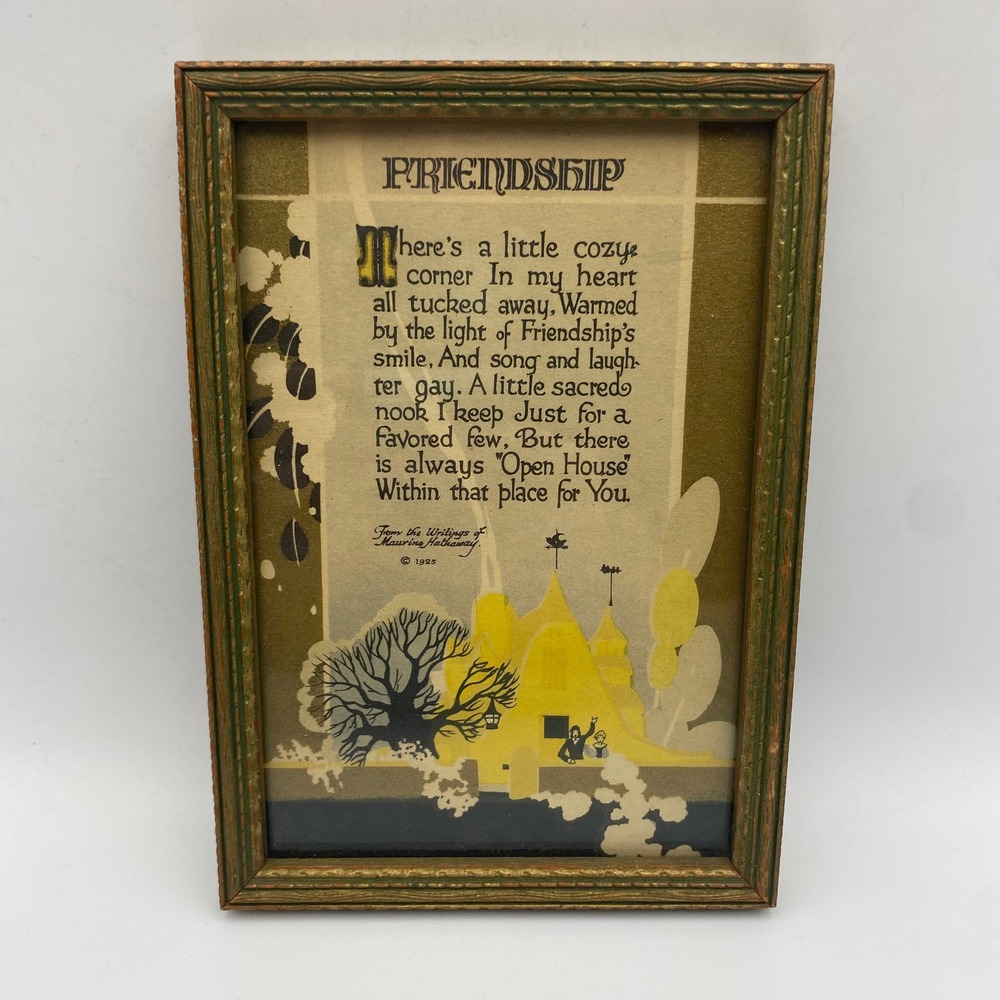 Vintage 1925 Maurine Hathaway Friendship Poem Framed‎ Art Deco Print Green